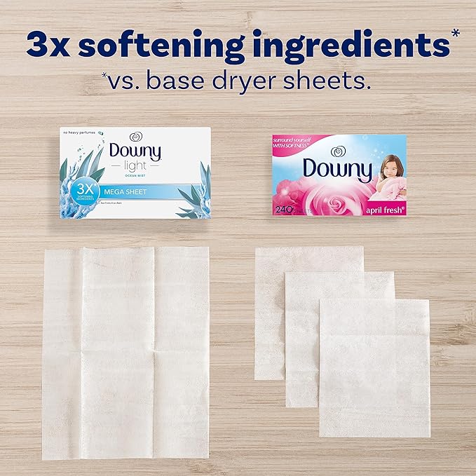 Downy Light Mega Dryer Sheets, Laundry Fabric Softener, Ocean Mist, 130 Count (Pack of 3)