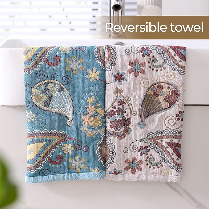 Kitchen Dish Towels for Drying 100% Cotton,Ultra Absorbent Quick Drying Thick Reusable Cleaning Decorative Tea Towels with Hanging Loop,Reversible Boho Pretty Hand Towels,4 Pack,Gift for Mom