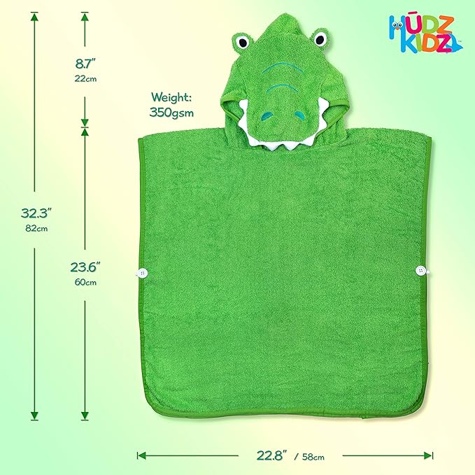 Hudz Kidz Premium Hooded Towel Poncho for Kids & Toddlers, Soft 100% Cotton, Ideal at Bath, Beach, Pool (Green Croc)