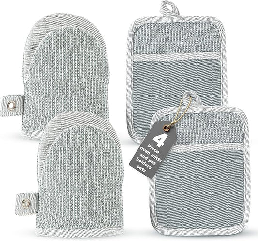 Casa Platino Heat Resistant Oven Mitts & Potholders, 4-Piece – Oven Mitt and Pot Holders Sets for Baking, Grilling & Microwave – Withstands Up to 500°F, Non-Slip, Machine Washable – Grey