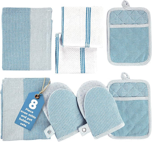 Casa Platino Silicone Oven Mitts Set, 8-Piece – 500°F Heat Resistant Mini Oven Mitt, Potholders for Kitchens, 2 Kitchen Towels & 2 Dish Cloths – Durable, Non-Slip & Machine Washable – Cornflower