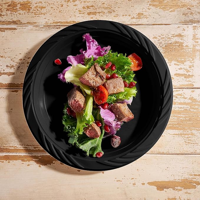 Munfix 100 Pack Black Plastic Dinner Plates, 9 Inch Disposable Plates Bulk Pack, Party Plates for BBQ, Picnic, Parties, Travel and Events, Microwavable Recyclable