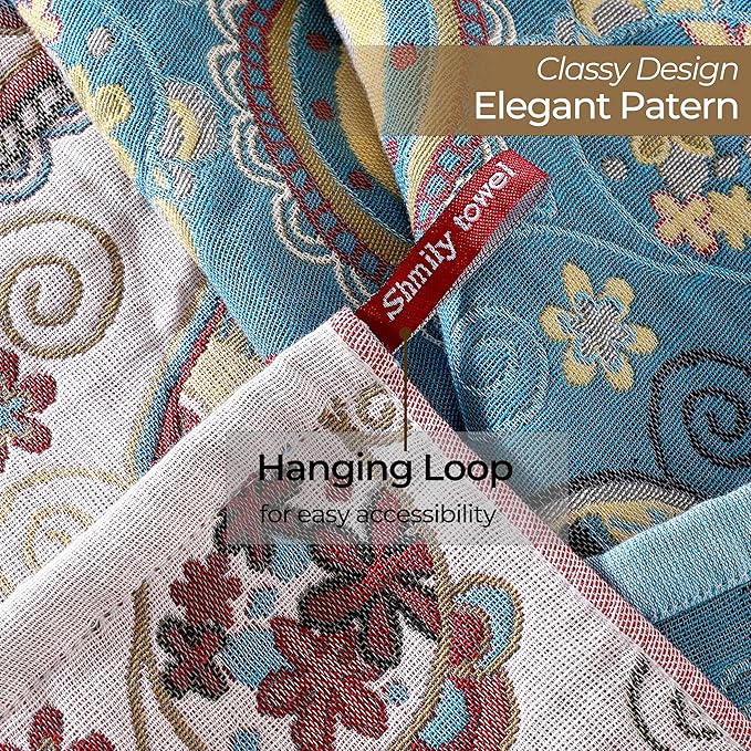 Kitchen Dish Towels for Drying 100% Cotton,Ultra Absorbent Quick Drying Thick Reusable Cleaning Decorative Tea Towels with Hanging Loop,Reversible Boho Pretty Hand Towels,4 Pack,Gift for Mom