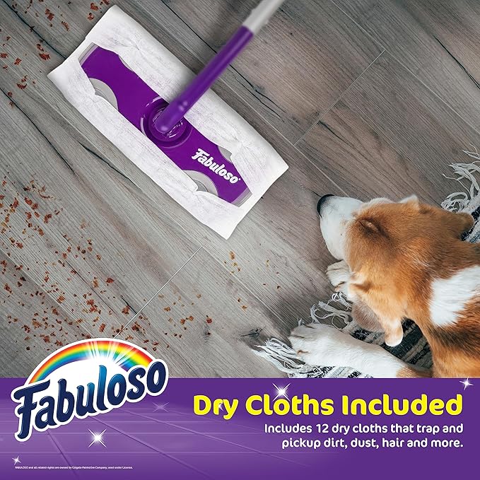 Fabuloso Dry and Wet Sweeper, 2-in-1 Floor Dust Mop for Dry Sweeping and Light Wet Mopping, Lightweight Aluminum Handle, Swivel Low-Profile Head, Bonus 12 Dry Pads Included