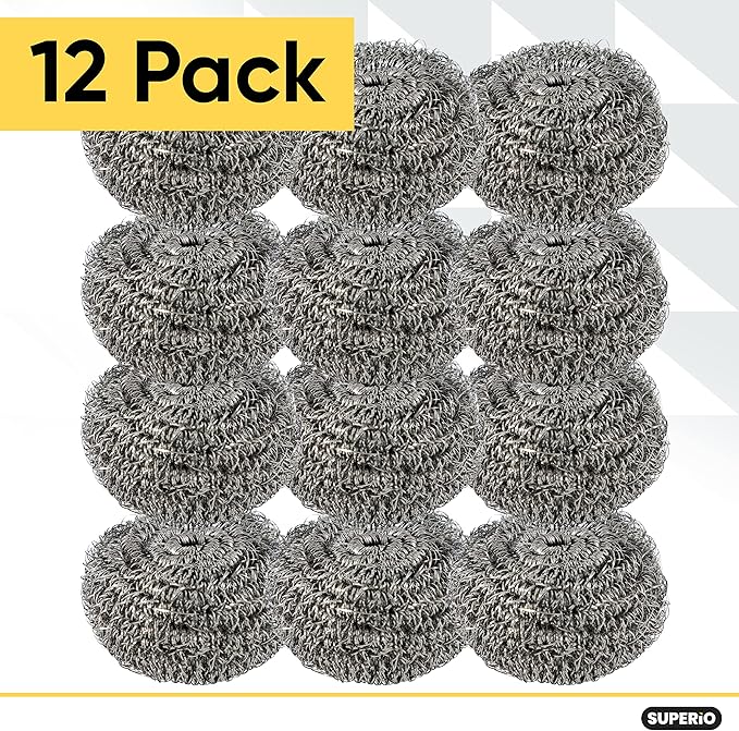 Superio Stainless Steel Scourers Steel Wool Scrubber Pad Used for Dishes, Pots, Pans, Grill, Stoves, and Ovens, Easy scouring for Tough Kitchen Cleaning (12)