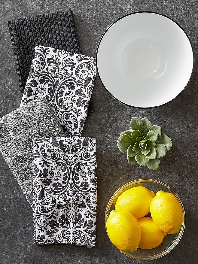 DII Cleaning Collection Multi-Purpose Microfiber, Black Damask, Dishtowel Set