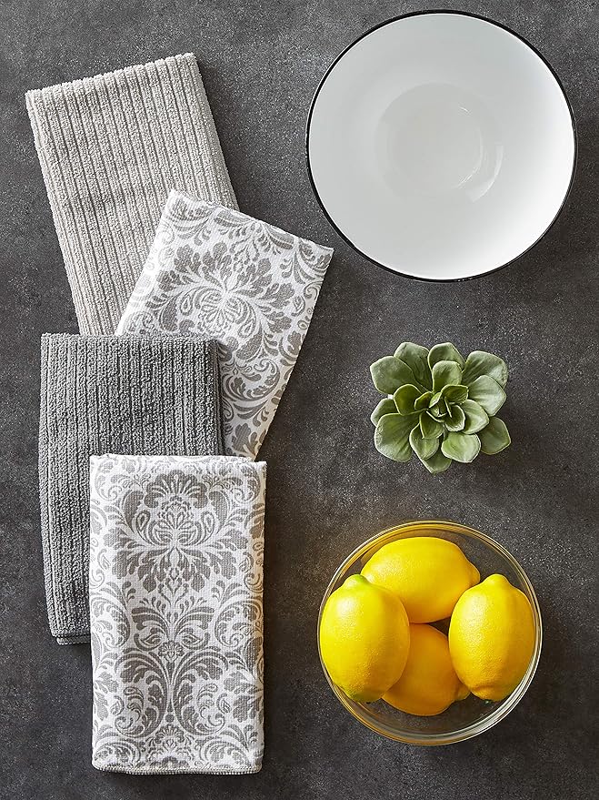 DII Cleaning Collection Multi-Purpose Microfiber, Gray Damask, Dishtowel Set