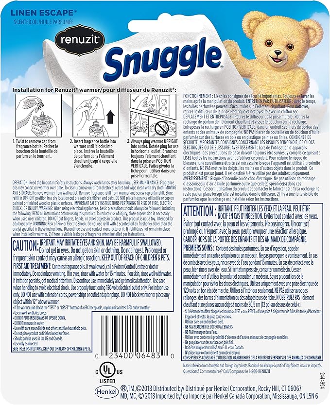 Renuzit Snuggle Scented Oil Refill Air Freshener & Plugin Warmer, Linen Escape Starter Kit