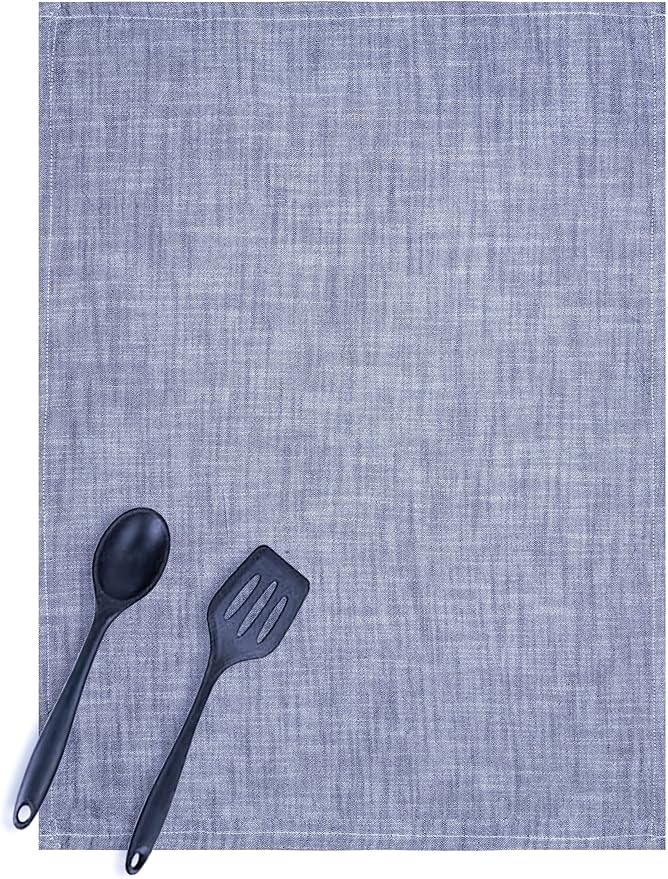 Chambray Kitchen Towels or Tea Towels with Hanging Loop |100% Cotton| 20" X 26" | Set of 4 | Super Absorbent, Quick Drying, Hand Towels for Modern Kitchen Décor | Blue
