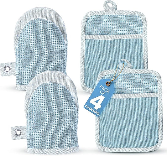 Casa Platino BBQ Gloves & Potholders Set, 4Pc Kitchen Mitts for Oven & Baking, Holder for Hot Pots & Dishes – Heat Resistant Up to 500°F, Non-Slip & Machine Washable – Cornflower