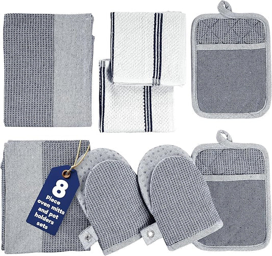 Casa Platino Mini Oven Mitts Set, 8-Piece – 500°F Heat Resistant Silicone Oven Mitt, Potholders for Kitchens, 2 Kitchen Towels & 2 Dish Cloths – Non-Slip & Durable – Indigo