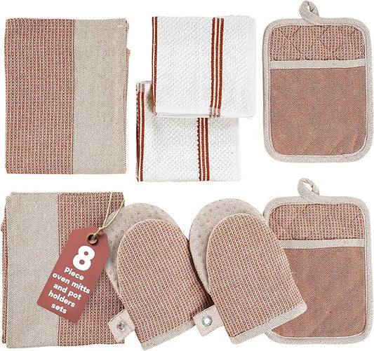Casa Platino Potholders for Kitchens, 8-Piece – 500°F Heat Resistant Oven Mitts and Pot Holders, Mini Oven Mitt with Silicone Grip, 2 Kitchen Towels & 2 Dish Cloths – Durable & Non-Slip – Canyon Rose